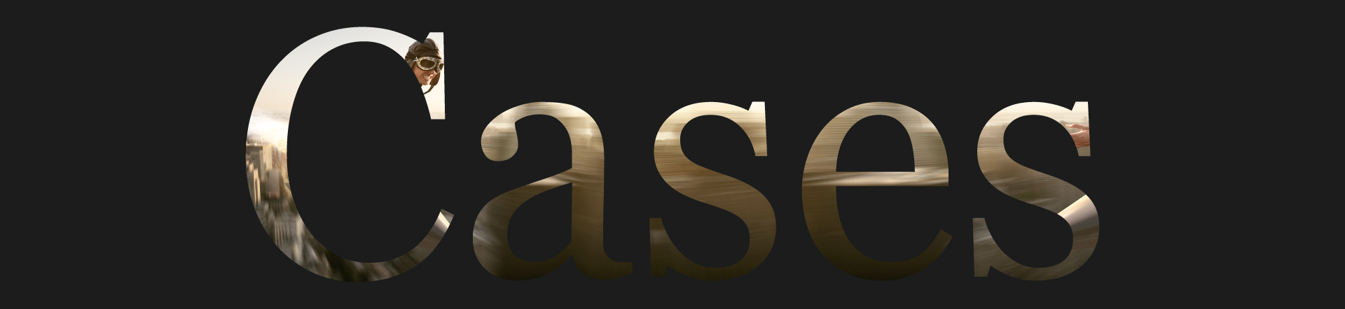Logo estilizada da palavra 'Cases', com efeito de recorte que revela uma imagem de paisagem dinâmica ao fundo.